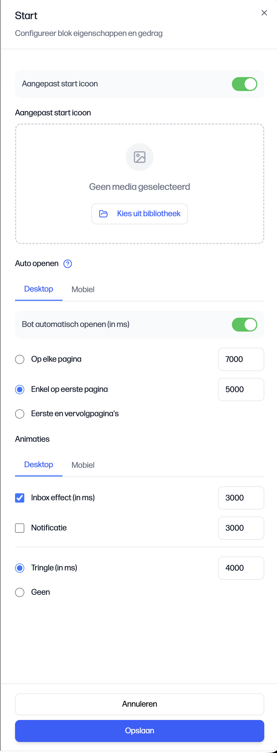 Het Start-paneel met Auto openen en Animaties (Inbox effect en Notificatie)