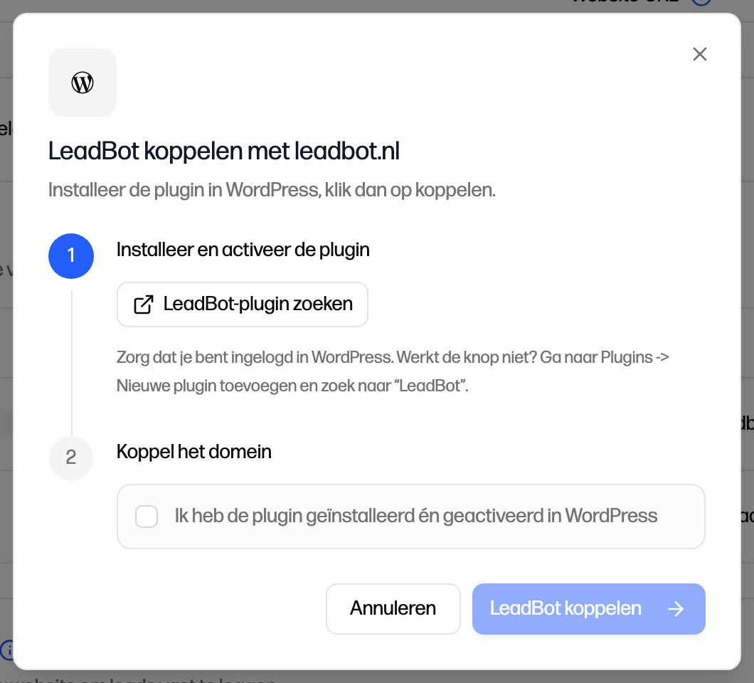 De koppel-dialoog in het LeadBot-dashboard