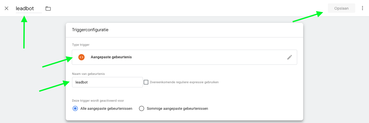 De trigger 'leadbot' van het type Aangepaste gebeurtenis