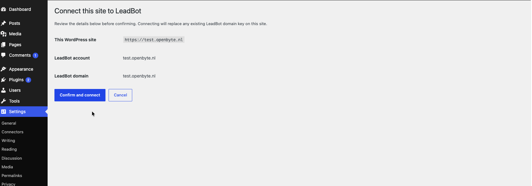 Het bevestigingsscherm Connect this site to LeadBot in wp-admin